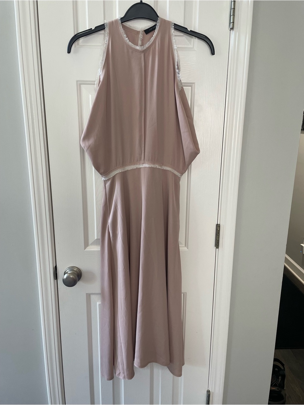 Blush Halter Satin Maxi Dress with Lace Trim